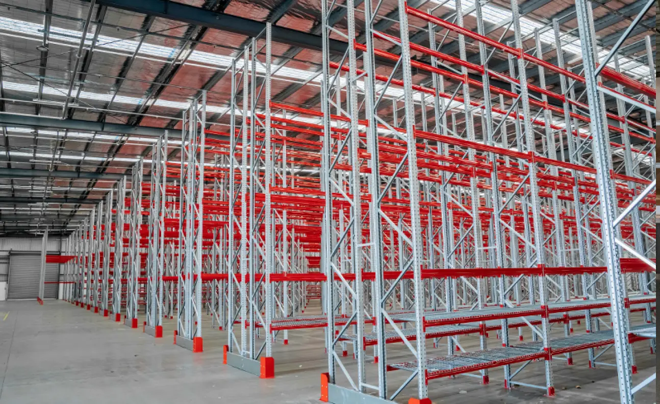 Standard narrow aisle pallet racking system designed to maximise warehouse storage while maintaining efficient forklift access